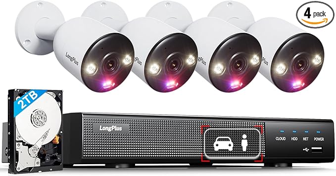 LongPlus 12MP Wired Home Security Camera System, 4pcs 12 Megapixel UHD PoE Surveillance Cameras, Person Vehicle Detection, Spotlight Color Night Vision, 8CH NVR with 2TB HDD, LP12ME84B1