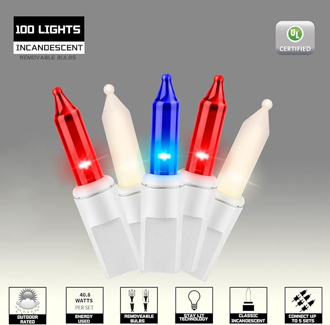 100LIGHTS RED White and Blue Extra-Bright with End Connectors 4th July Decoration Patriotic Mini String Lights 5.98m UL Certified Waterproof for Home Garden Holiday Tree Party Patio