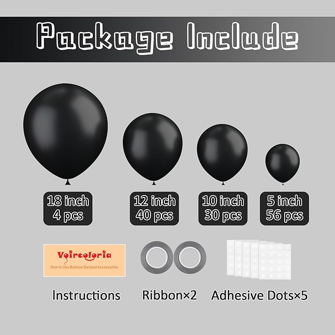 130pcs Black Balloons Different Sizes 18" 12" 10" 5" Party Latex Balloons for Birthday Graduation Baby Shower Anniversary New Year Holiday Party Decorations