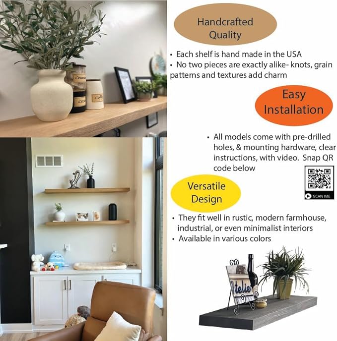 joelsantiques 42 Inch Wooden Floating Shelves for Wall - 42x6x2 in - Made of Natural Wood - Long Heavy Duty Rustic Wall Shelves for Bedroom - Perfect for Living Room, Kitchen - Natural