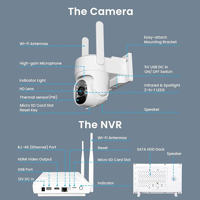 XMARTO QHD Wire-Free Solar Security Camera System Outdoor/Indoor Wireless, Pan Tilt Zoom, 4K Long Range WiFi 6 Surveillance DVR Kit, Long-Lasting Solar Battery Home CCTV 10-CAM Set w. 120-day Storage