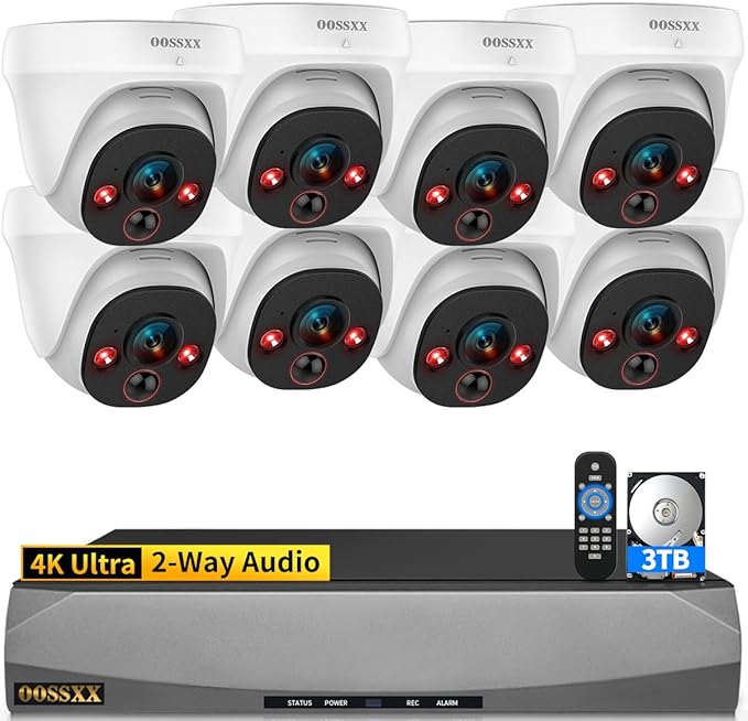 OOSSXX (4K HD & 130° Ultra Wide-Angle 2-Way Audio 8MP Wired Dome, 8Pcs PoE IP Cameras for Home Security Outdoor Camera System, Pet Surveillance Video Indoor, Smart PIR Detection, DVR Kits