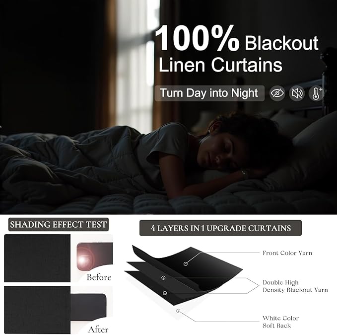 Black Linen Blackout Curtains 120 Inches Long 2 Panels Burg for Living Room Back Tab Pleated Thermal Cold Heat Sun Blocking Extra Long Drapes Black Out Blinds Shades for Bedroom Windows 52x120 Length