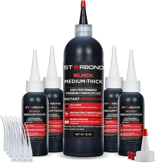 Premium Grade Cyanoacrylate (CA) Super Glue by STARBOND - 16 OZ Complete Refill KIT (453-gram) - Black Medium-Thick Knot Filler 500 CPS Viscosity Adhesive for Woodworking, Woodturning, Carpentry