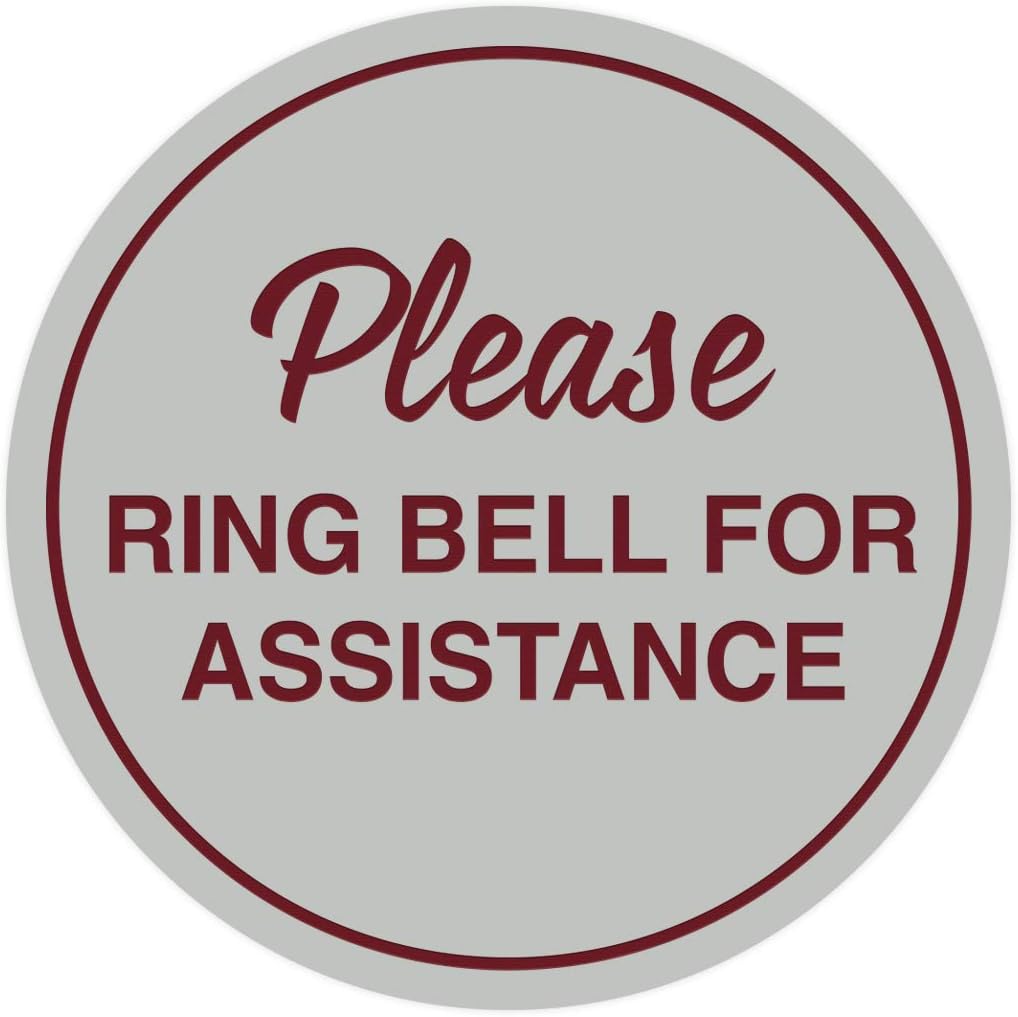 Signs ByLITA Circle Please Ring Bell For Assistance Wall or Door Sign | Easy Installation | Front Desk Reception Sign (Light Grey/Burgundy) - X-large (2 Pack)