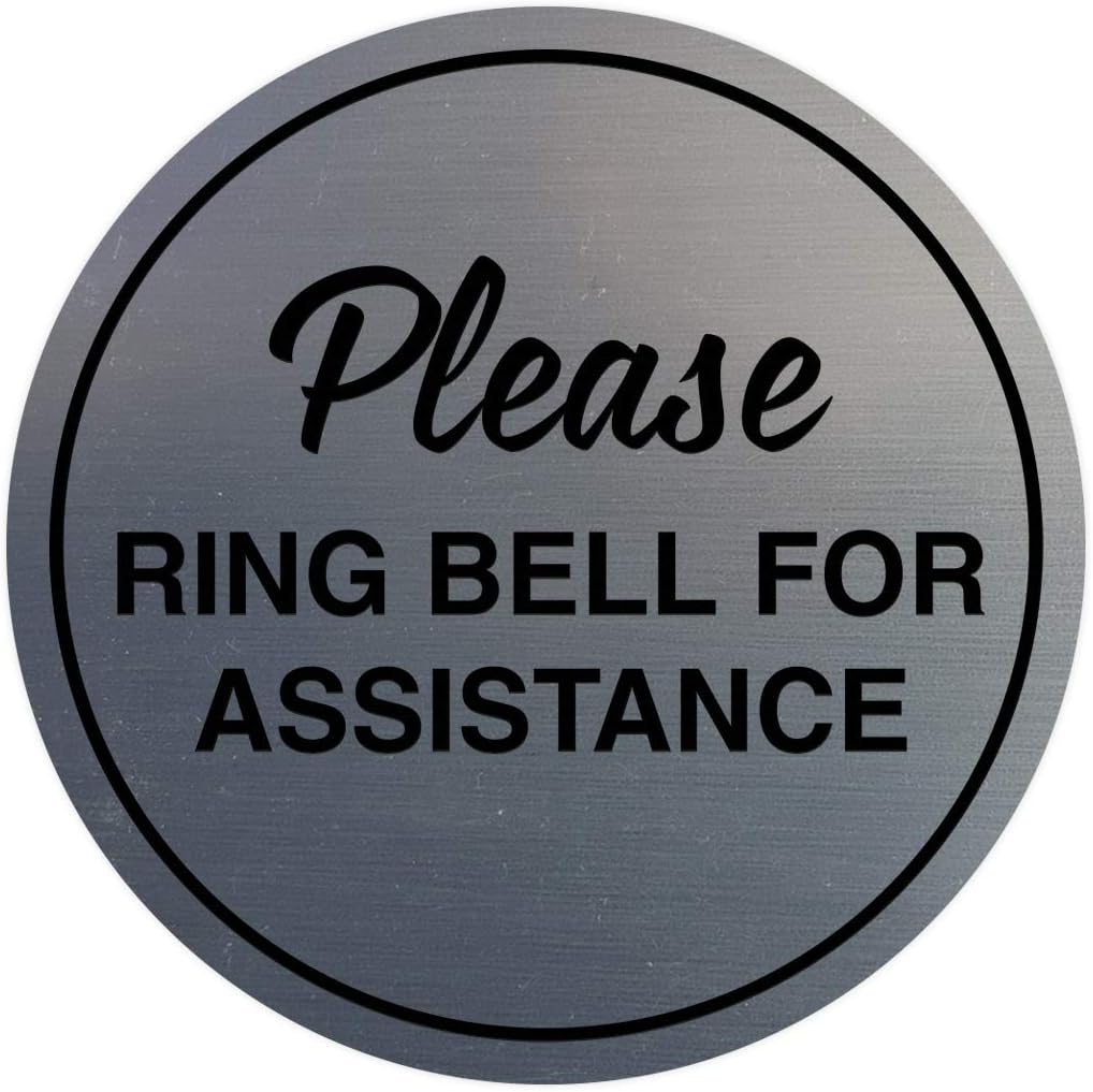 Signs ByLITA Circle Please Ring Bell For Assistance Wall or Door Sign | Easy Installation | Front Desk Reception Sign (Brushed Silver) - X-large (10 Pack)