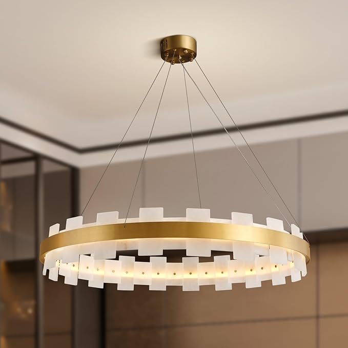 31.5" Natural Spanish Alabaster Round Chandelier, Adjustable Large Chandeliers for Living Room Over Table, Modern Luxury Alabaster Stone Chandelier for Drawing Room, Bedroom, Hallway, Foyer