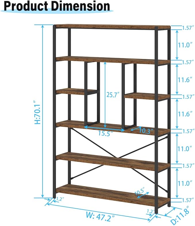 LVB Rustic Bookcases and Book Shelves, Metal Wood 6 Tier Bookshelf and Book Rack Storage, Industrial Vertical Display Etagere Book Case 6 Shelf, Vintage Large Book Shelf for Bedroom Living Room, Brown