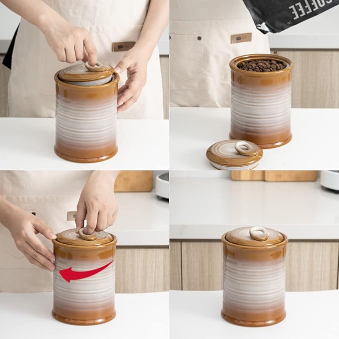 Nihow Ceramic Food Storage Jar: 22 FL OZ Container with Air Tight Ceramic Lid for Coffee/Salt/Peper/Tea/Sugar/Spice - Seal Damp-proof Canisters Sets for The Kitchen - Piece of 1 (Brown)