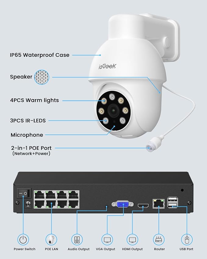 ieGeek 8MP POE Camera, Outdoor Security IP Camera with 355° Pan/90° Tilt, Wired Security Cameras for Home Surveillance, AI Detection, Auto Tracking, 2-Way Audio, Night Vision, 24/7 Recording