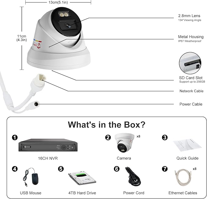 Anpviz 16CH PoE Security Camera System with Human/Vehicle Detection, 8pcs 5MP PoE Cameras with Mic, Smart Dual Light Color Night Vision, True WDR, 16CH NVR with 4TB HDD for 24/7 Recording