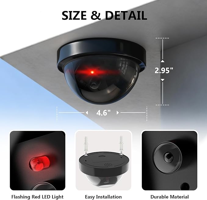 WALI Dummy Fake Security CCTV Dome Camera with Flashing Red LED Light with Security Alert Sticker Decals (SD-2), 2 Packs, Black