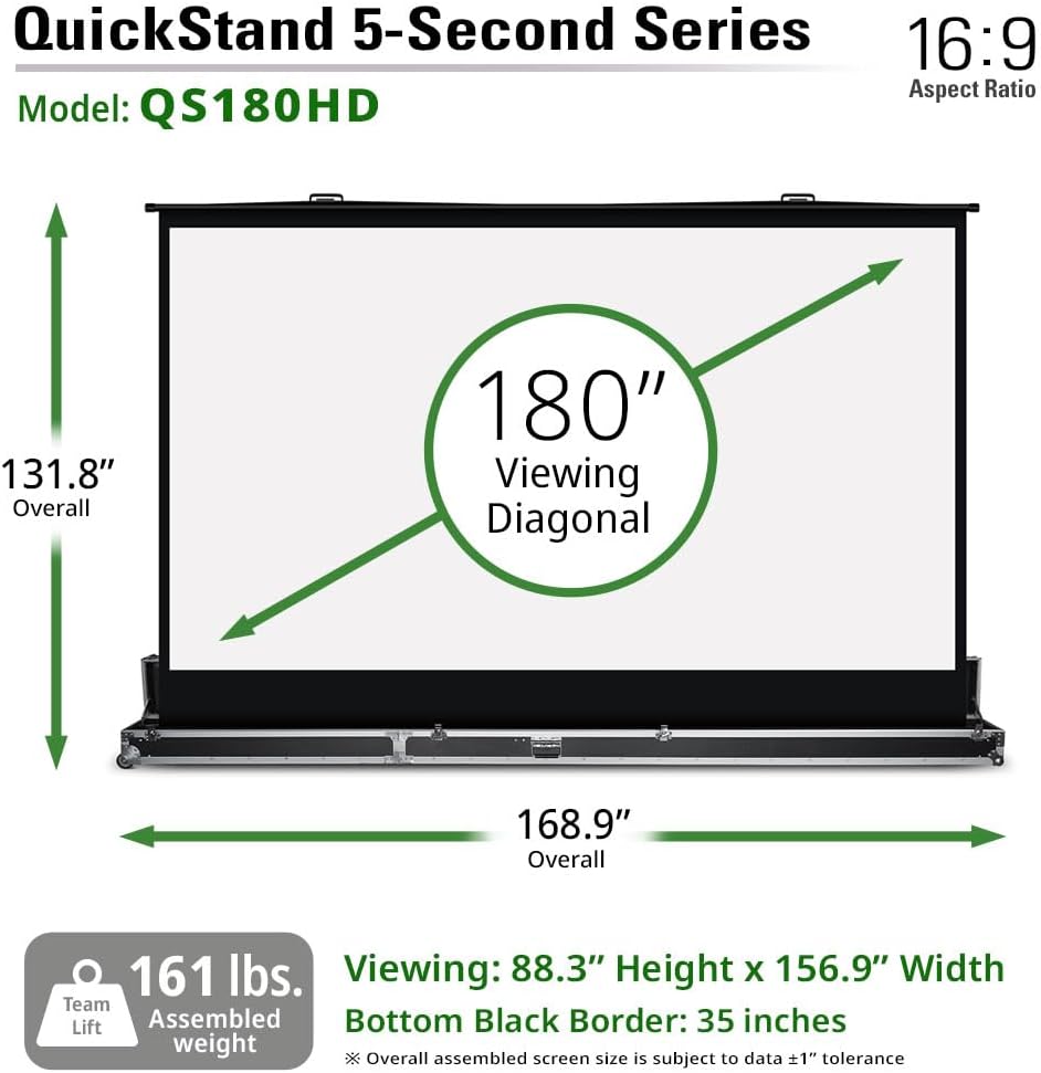 Elite Screens QuickStand 5-Second Series, 180-INCH 16:9, Manual Pull Up Projector Screen, Movie Home Theater 8K / 4K Ultra HD 3D Ready, US Based Company 2-Year Warranty, QS180HD