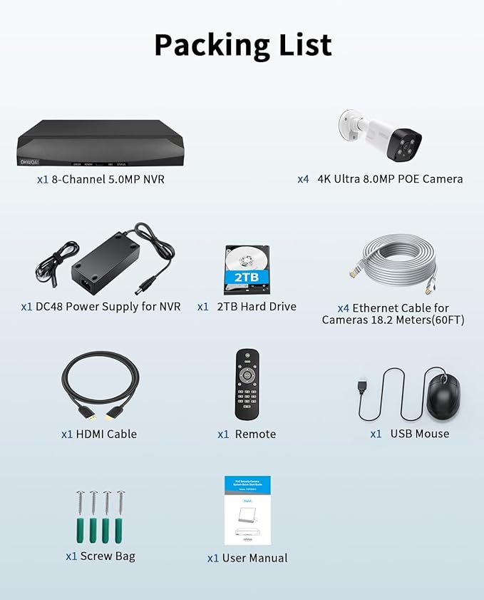 《2-Way Audio & 130°Wide Angle》Outdoor Security Camera System, IP Wired Cameras, 4K Video Surveillance for Home, Surveillance DVR Kits