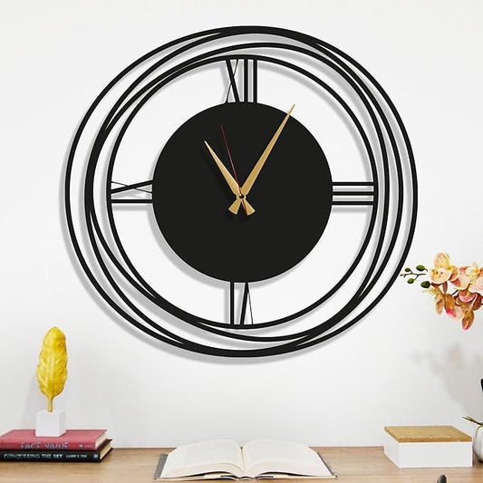 Circular Harmony Wall Clock – 24 Inch Large, Silent Non-Ticking Quartz, Black Metal Decorative Clock for Living Room, Dining Room, Office
