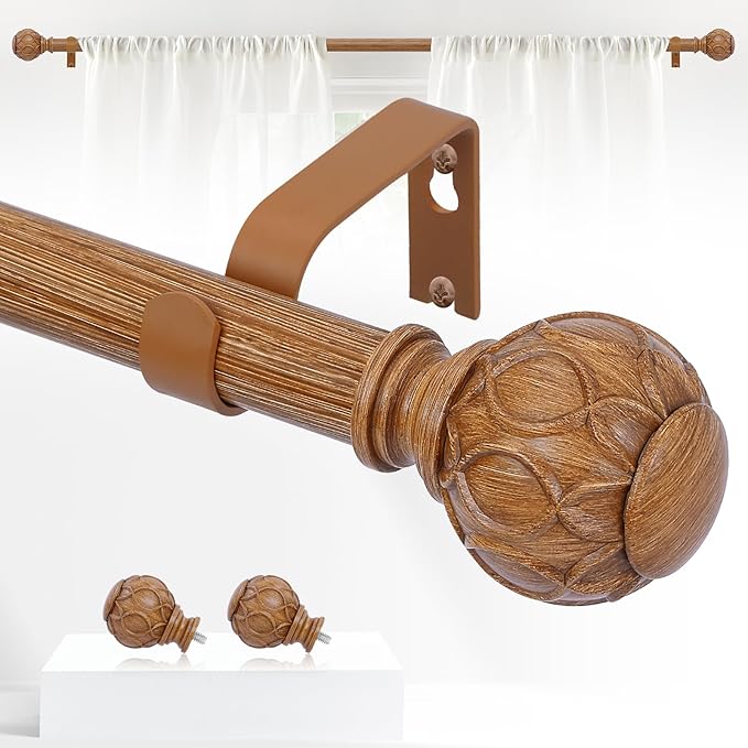 Wood Boho Curtain Rods for Windows:72-144Inch Wooden Farmhouse Curtain Rod for Bedroom Living Room,Heavy Duty Adjustable Rustic Decorative Drapery Rod with Vintage Imitation Wood Finial,Brown