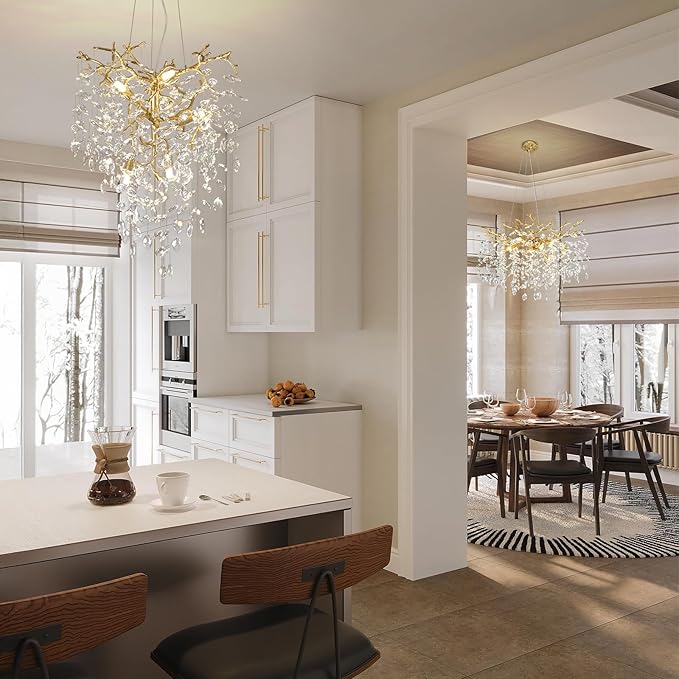 Modern Gold Crystal Tree Branches Chandelier,21 Inchs 6 Lights Modern Round K9 Crystal Chandeliers for Dining Room, Bedroom, Living Room, Foyer,Kitchen Island