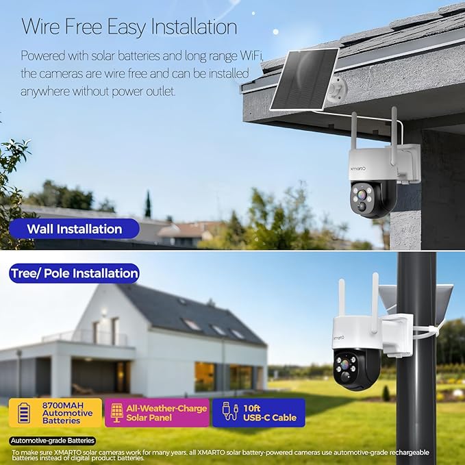 xmartO [Night Color 2K HD Wireless Solar Security Camera System with Starlight Color Night Vision, PTZ Control, Long Range WiFi6, Easy Mobile View, HDMI View on Monitor/TV, 0 Monthly Fee, 1TB HDD