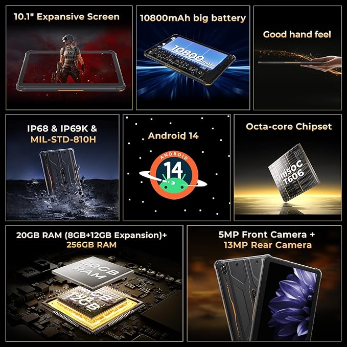 HOTWAV R10 Pro Rugged Tablet, 20GB + 256GB/TF 1TB Android 14 Tablet, 10.1inch HD+ Waterproof Tablets, 10800mAh Battery, 13MP Camera, Octa-Core/Dual SIM 4G/WLAN 5/IP68&IP69K/Face ID/GPS/OTG