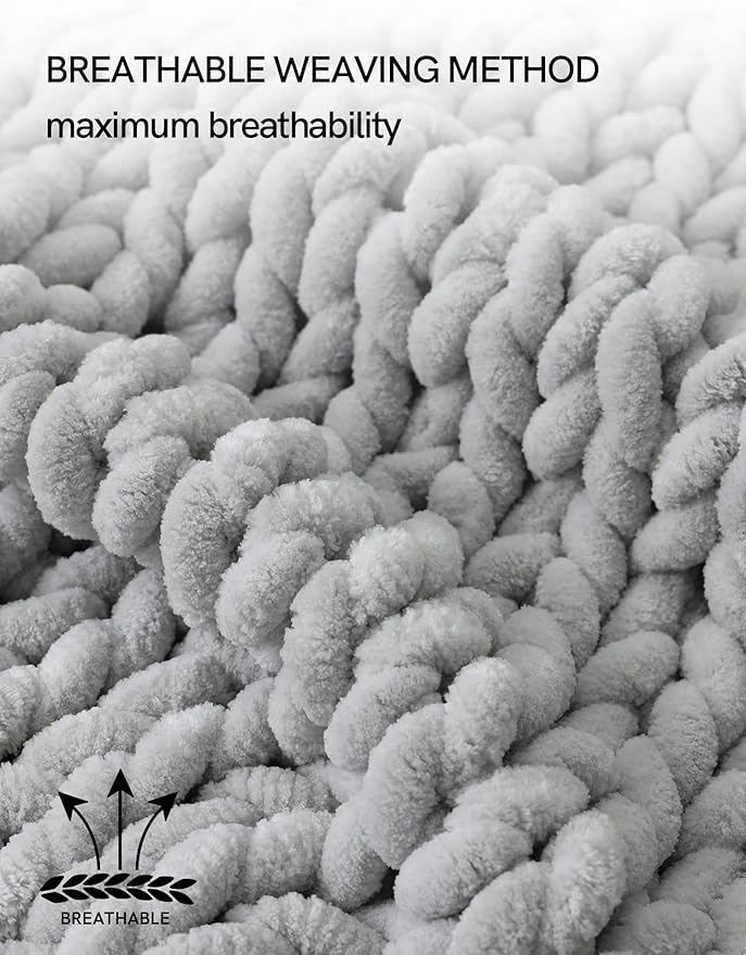 YnM Chunky Throw Blanket, Medium-Weight, Hand Knitted with Chenille Yarn, Skin Friendly, Ventilated and Breathable, Machine Washable, Home Décor Piece for Couch Sofa and Bed (Glacier Grey, 80x87 Inch)