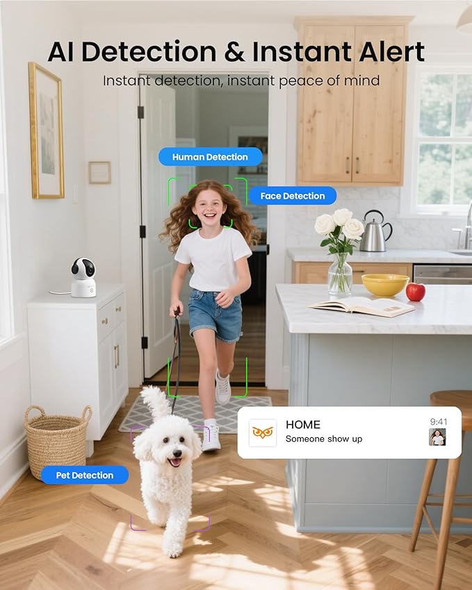 4K 8MP WiFi Camera, 360°Pan/Tilt Indoor Camera, 2-Way Talk, One-Touch Calling, Full-Color Night Vision in Low Light, Smart AI Detection, Auto Tracking, for Kids/Elderly/Pets, Black