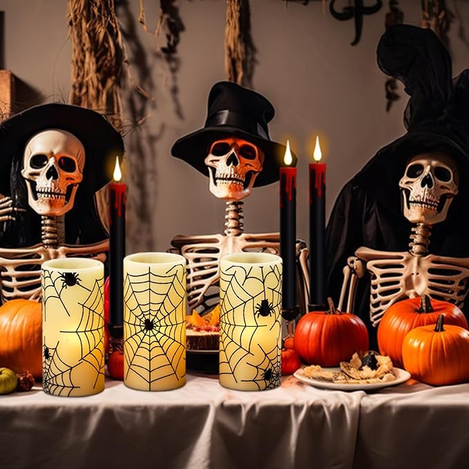 Wondise Halloween Flickering Flameless Candles with Spider Decals, Battery Operated Candles with 6hrs Timer, Real Wax Halloween LED Candles for Horror Spooky Halloween Home Decoration(Set of 3, 3"x6")
