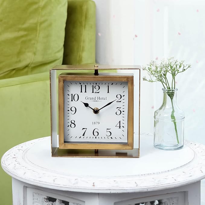 NIKKY HOME Rotating Table Clock, Non-Ticking Silent Battery Operated Decorative Mantel Desk Shelf Metal Clock for Home, Office, Living Room, Bed Room - Gold