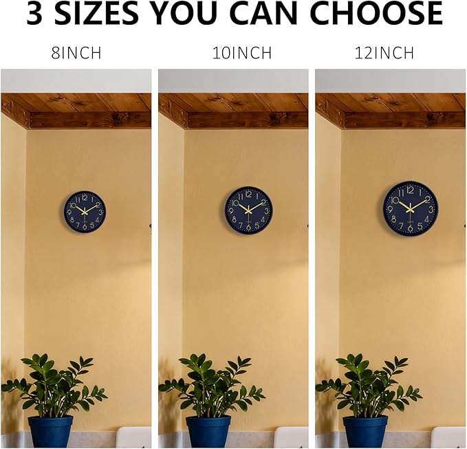 Modern Silent Wall Clock, 12 Inch Wall Clocks Battery Operated Large Number, Non-Ticking Analog Clock with Tempered Glass Quartz Clocks for Living Room Bedroom Office Kitchen, Navy Blue