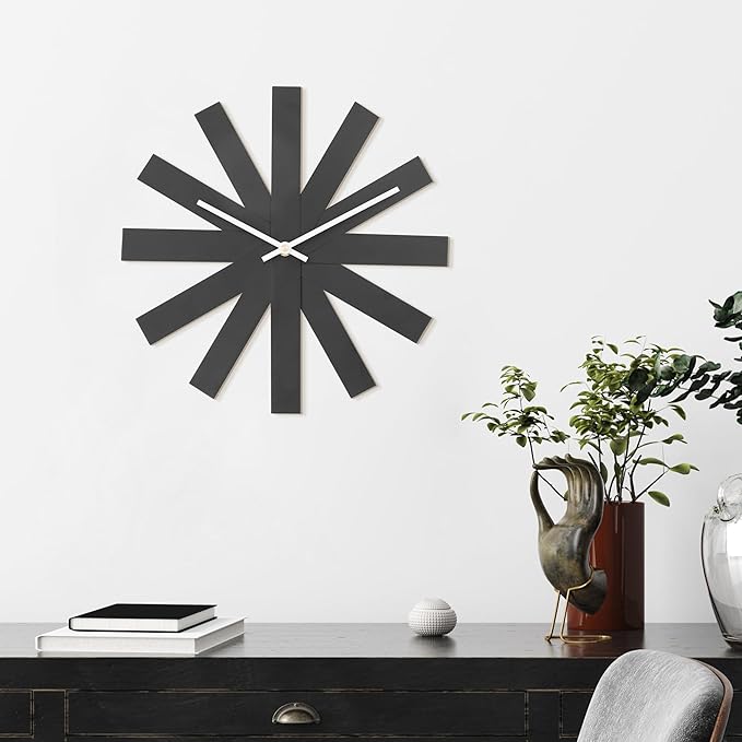 BEW Wall Clock, 14 in Mid Century Modern Wall Clocks Battery Operated, Unique 3D Frameless Black Metal Wall Clock Silent Non Ticking for Kitchen, Bedroom, Office, Outdoor, Living Room Decor