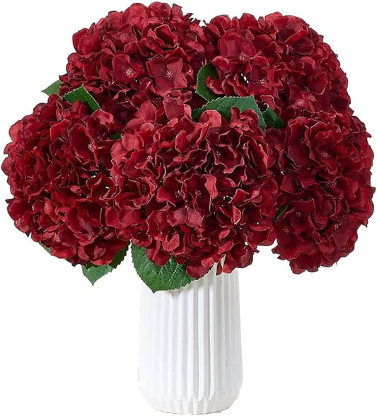 8Pcs Burgundy Fake Flowers Silk Hydrangea Artificial Flowers Bouquets Faux Hydrangea Stems for Home Table Centerpieces Wedding Party Decoration
