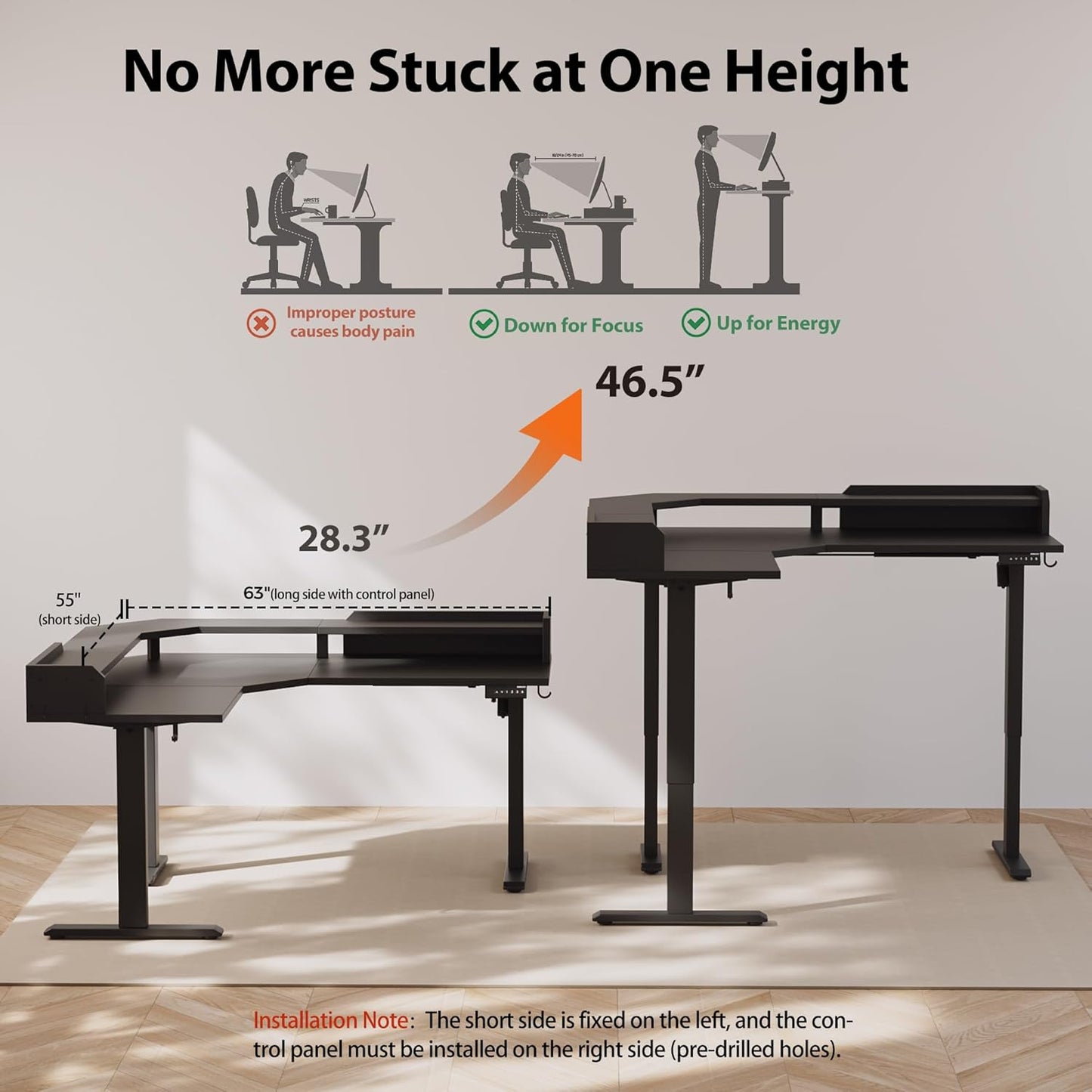 Agilestic L Shaped Standing Desk, Adjustable Height Corner Gaming Desk with Shelf, Sit Stand Up Desk, 63 x 55 Inch Home Office Computer Table, Black