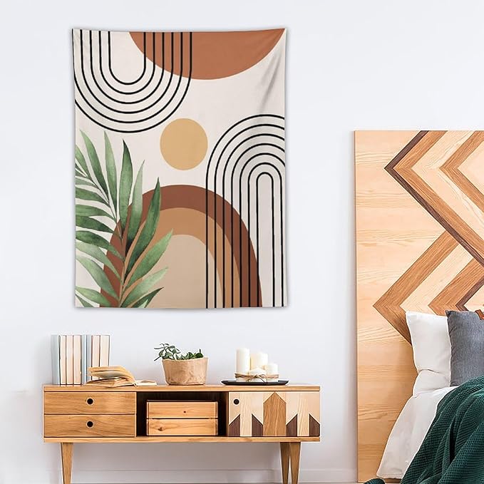 Abstract Bohemian Mid Century Tapestry, Tropical Leaves Modern Geometric Archway Minimalist Bohemian Botanical Aesthetic Wall Hanging, Sage Green Gold Home Decor Art for Bedroom 50x60 Inch