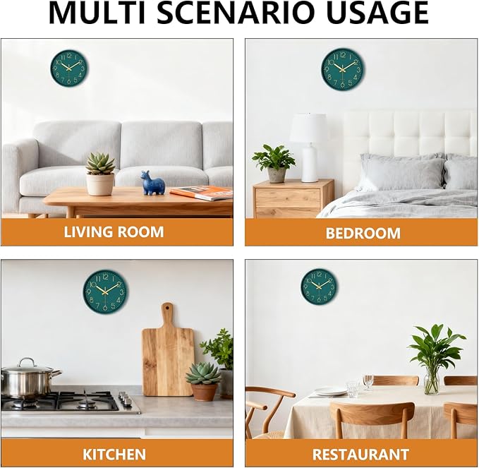 Wall Clock, Silent Wall Clocks Battery Operated 10 Inch- Modern Non Ticking Analog Clock with Large Numerals Tempered Glass Clocks for Bedroom Living Room Kitchen Office Decor, Dark Green