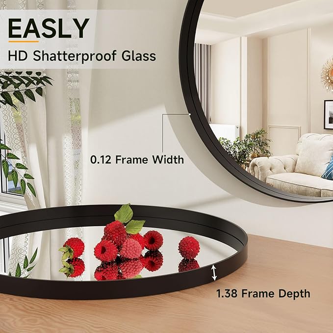 24 Inch Round Bathroom Mirror - Wall Mounted Circle Mirror with Metal Frame, Modern Mirror Suitable for Bathroom, Vanity, Entryway, Living Room, Wall Decor,Black