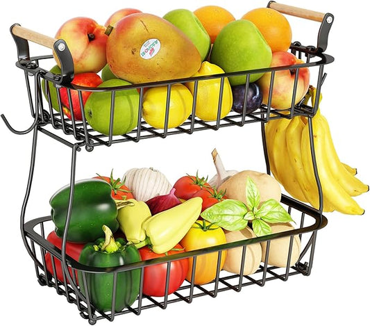 ANTOPY 2 Tier Fruit Basket with 2 Banana Hangers, Countertop Fruit Vegetable Basket Bowl for Kitchen Counter Metal Wire Fruits Storage Stand Holder Organizer for Bread Snack Veggies Produce