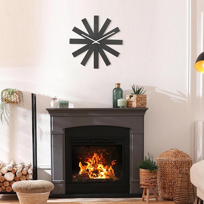 BEW Wall Clock, 14 in Mid Century Modern Wall Clocks Battery Operated, Unique 3D Frameless Black Metal Wall Clock Silent Non Ticking for Kitchen, Bedroom, Office, Outdoor, Living Room Decor