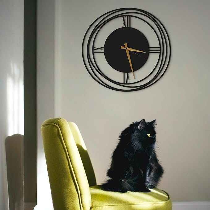 Circular Harmony Wall Clock – 14 Inch Compact, Silent Non-Ticking Quartz, Black Metal Minimalist Clock for Kitchen, Bedroom, Office