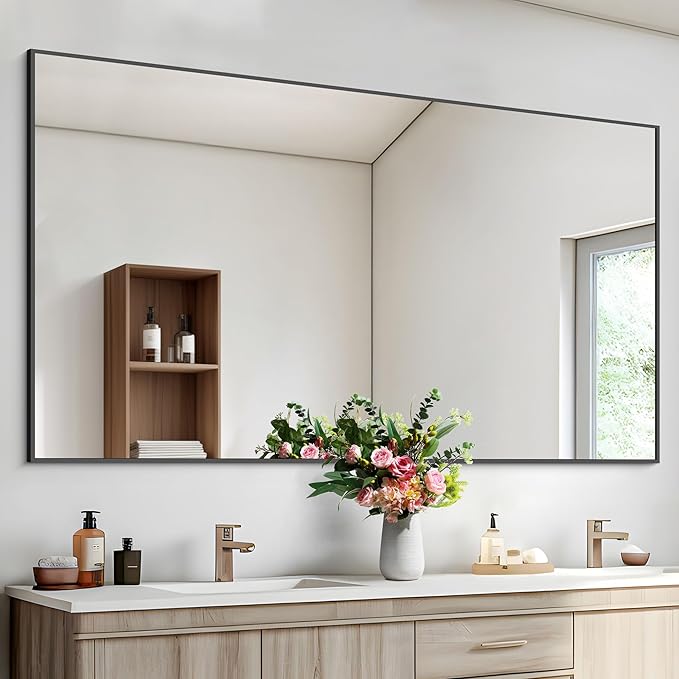 Black Bathroom Mirror for Wall, 30x50 Inch Rectangle Mirrors with Metal Frame, Modern Vanity Wall Mirror Decor for Bathroom Living Room, Entryway Hangs Horizontal or Vertical