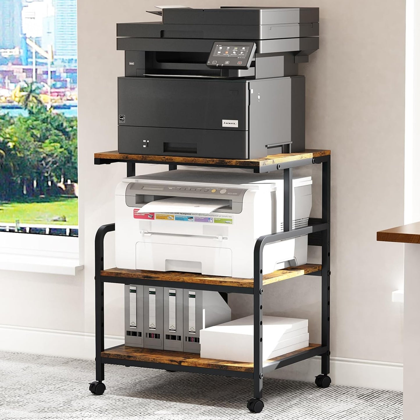 Large Printer Stand with Storage Shelf, 23.6" W x 18.9" D Printer Cart with Wheels, 3 Tier Mobile Printer Table for Home Office,Stands for Heat Press Scanner Fax (Brown)