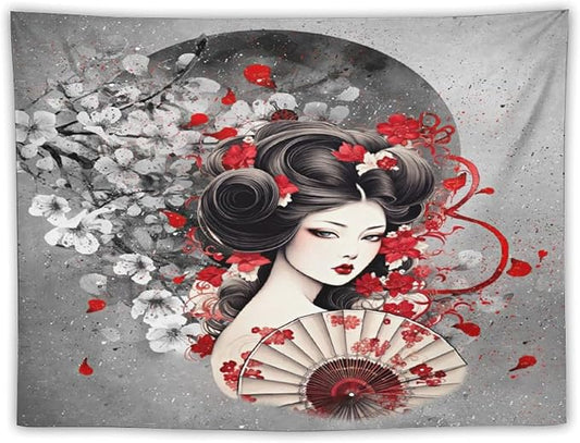 Japanese Geisha Tapestry Asian Red Cherry Blossom Red Sun Traditional Kimono Folk Tapestries Home Decor for Living Room Bedroom Apartment Farmhouse Dorm 60"x50"