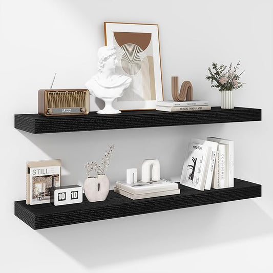 Fun Memories 36 Inch Floating Shelves - Deep Rustic Black Wooden Wall Shelves - Extra Deeper & Thicker Wall Mounted Storage Shelf for Bedroom, Kitchen, Farmhouse - 2 Pack, Rustic Black