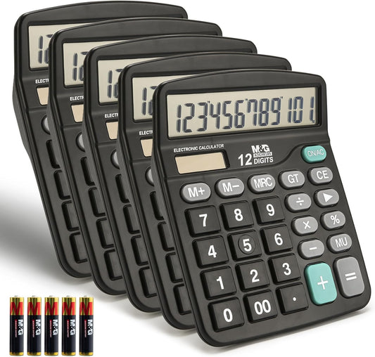M&G Desk Calculator 12 Digit Office Calculators with Large LCD Display, Dual Solar Power and Battery, Recessed Big Button Calculator for Office Home School (Black, Pack of 5)
