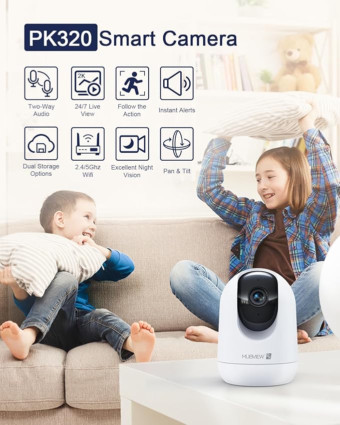 MUBVIEW Pet Camera with Phone App, Indoor Security Camera, 2.4/5GHz WiFi Cameras for Home Security, Wired Cameras for Dog/Elder/Baby, Motion Tracking, PT, 7X24, Two-Way Audio, 2K Night Vision (4 Pack)