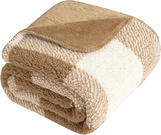 LURKA Checkered Sherpa Fleece Throw Blanket - Extra Thick and Warm Winter Soft Fuzzy Plush Blanket for Couches, Beds & Pets, Brown, 50x60 Inches