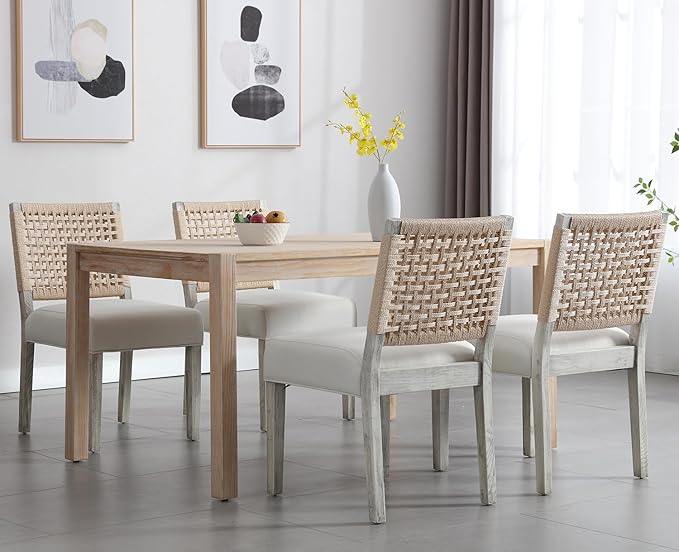 Kmax Farmhouse Dining Chairs Set of 2, Rustic Kitchen Chairs with Linen Fabric Seat and Woven Back, Vintage Accent Chairs for Dining Room, Living Room, Ivory