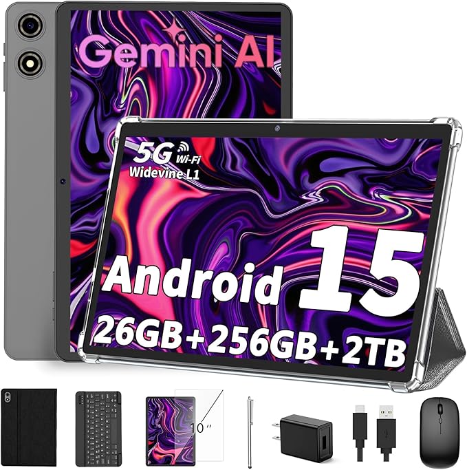 2026 Android 15 Tablet 10 Inch, 26GB+256GB+2TB Expand, 2 in 1 Tablets with Keyboard Case Mouse Stylus, 8000mAh Battery, Octa-Core, Dual Camera, Supports Widevine L1, 5G WiFi, GPS（Black Case）