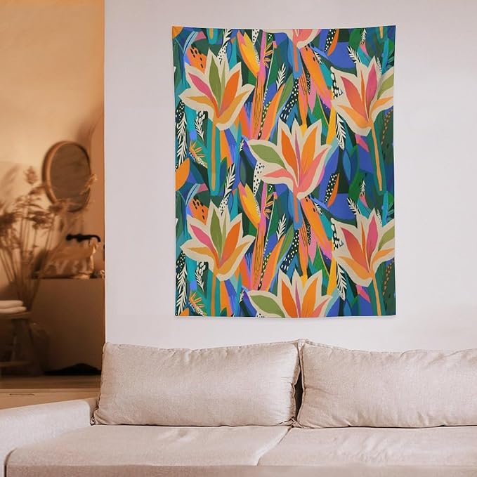 ICMOLYYENLO Boho Green Leaves Tapestry, Mid Century Abstract Tropical Palm Leaves Modern Minimalist Geometric Wall Hanging, Neutral Home Decor Art for Living Room Bedroom Dorm 60x60 Inch