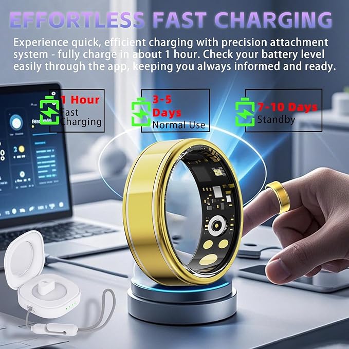 Activity Tracker Ring for Men Women – Smart Health Ring with Heart Rate, SpO2, Blood Pressure, Sleep Monitoring, Step & Calorie Counter, 5ATM Waterproof, No Subscription Fee (Gold 9)