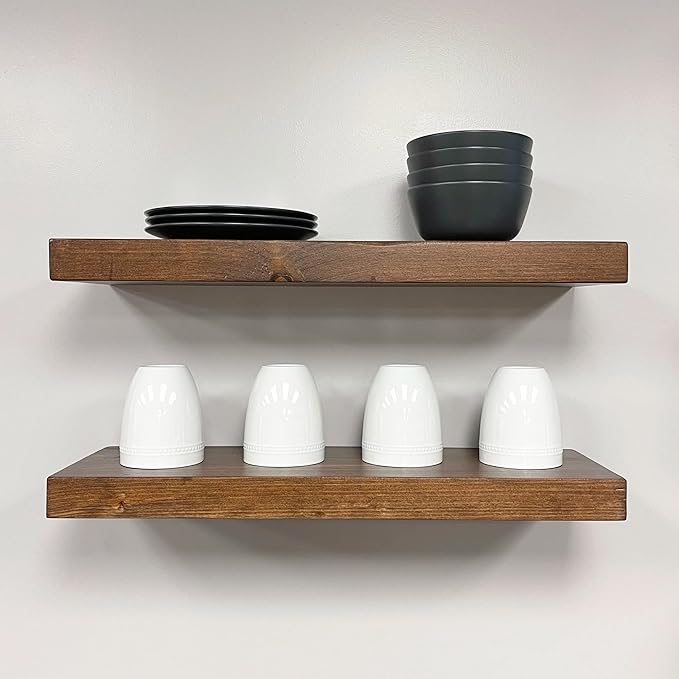 URBANDI, Rustic Floating Shelves, Set of 2, Hidden Bracket, Solid Wood, Heavy Duty, Wall Mounted Shelves, (Provincial, 60Wx6D)