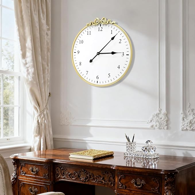 Large Vintage Gold Wall Clock, 20inch Decorative Round Wall Clocks with Bow Decor for Living Room, Retro Metal Battery Operated Clocks for Bedroom, Dining Room,Office